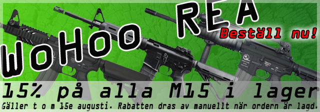 15% på alla M15 i lager, Gäller t o m 15e augusti. Rabatten dras av manuellt när ordern är lagd.