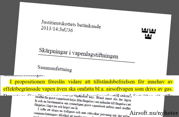 Gasdrivna airsoftvapen tillåtna från 2:a januari 2014.